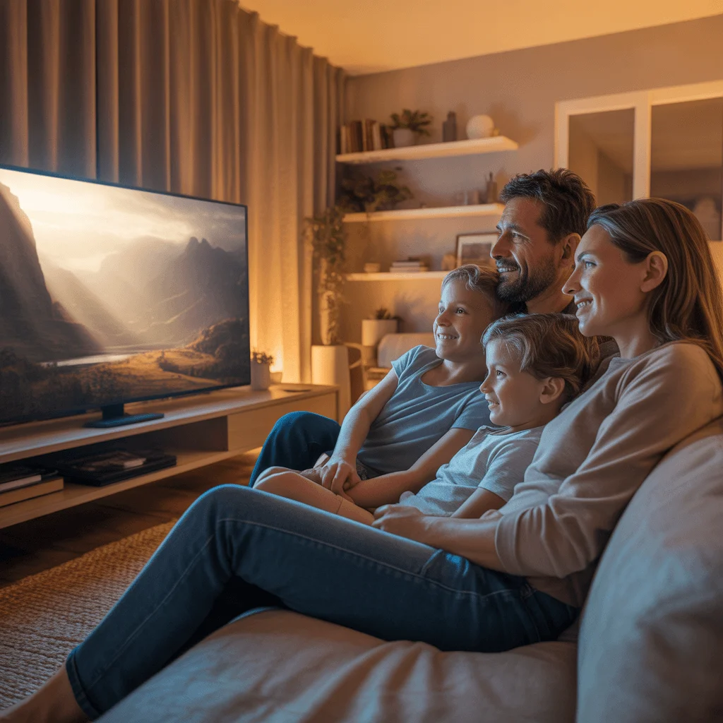IPTV Deutschland: Familie schaut Fernsehen über IPTV auf dem Smart-TV